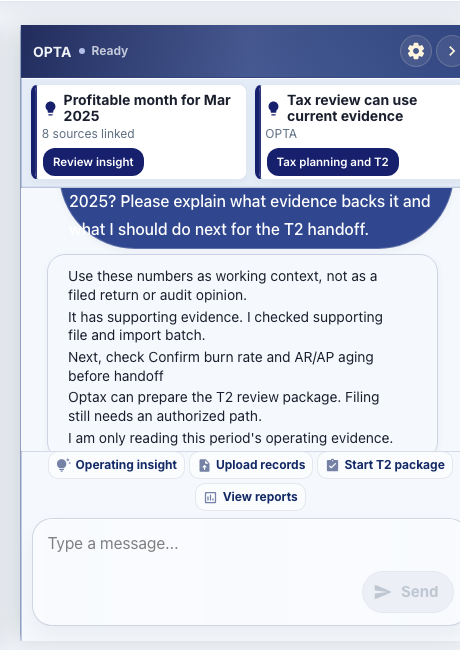 Current OPTAX Financial Center workspace showing an owner recommendation and Copilot review boundary: Copilot explains evidence, limits, and the next safe action.