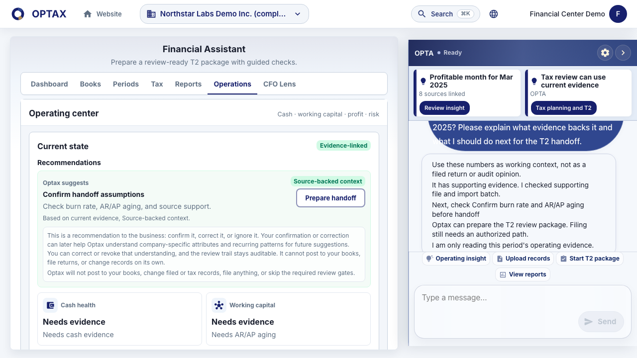 Current OPTAX Financial Center workspace showing an owner recommendation and Copilot review boundary