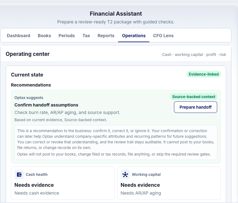 Current OPTAX Financial Center workspace showing an owner recommendation and Copilot review boundary: The owner recommendation stays inside the operating work.