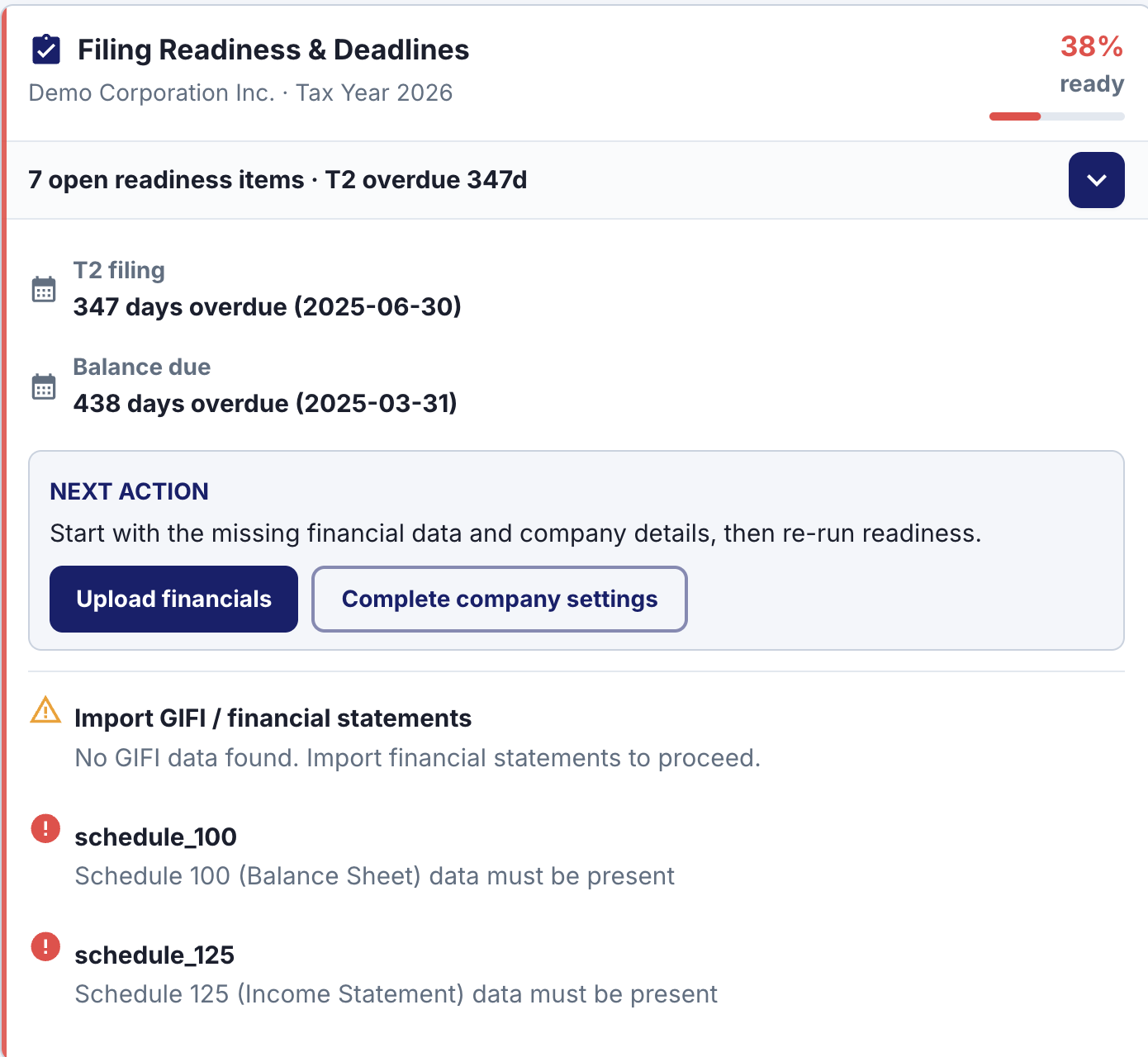 OPTAX AI readiness card showing open filing items, deadlines, and next actions.