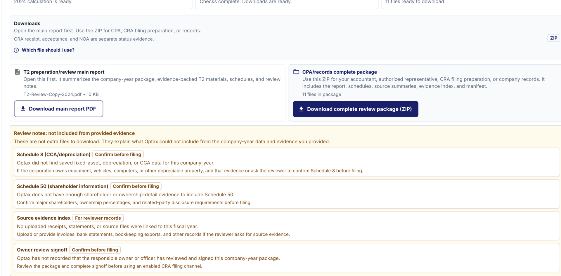 Current OPTAX review package download surface