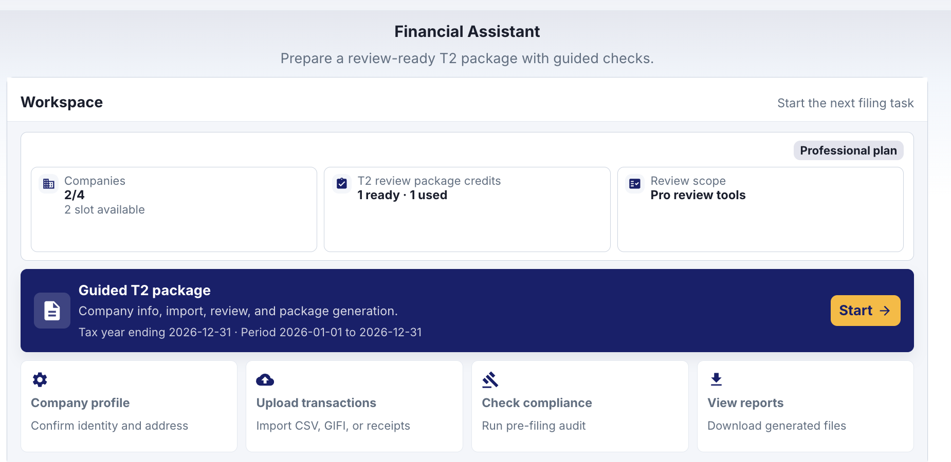 OPTAX T2 workspace for one corporation and tax year.