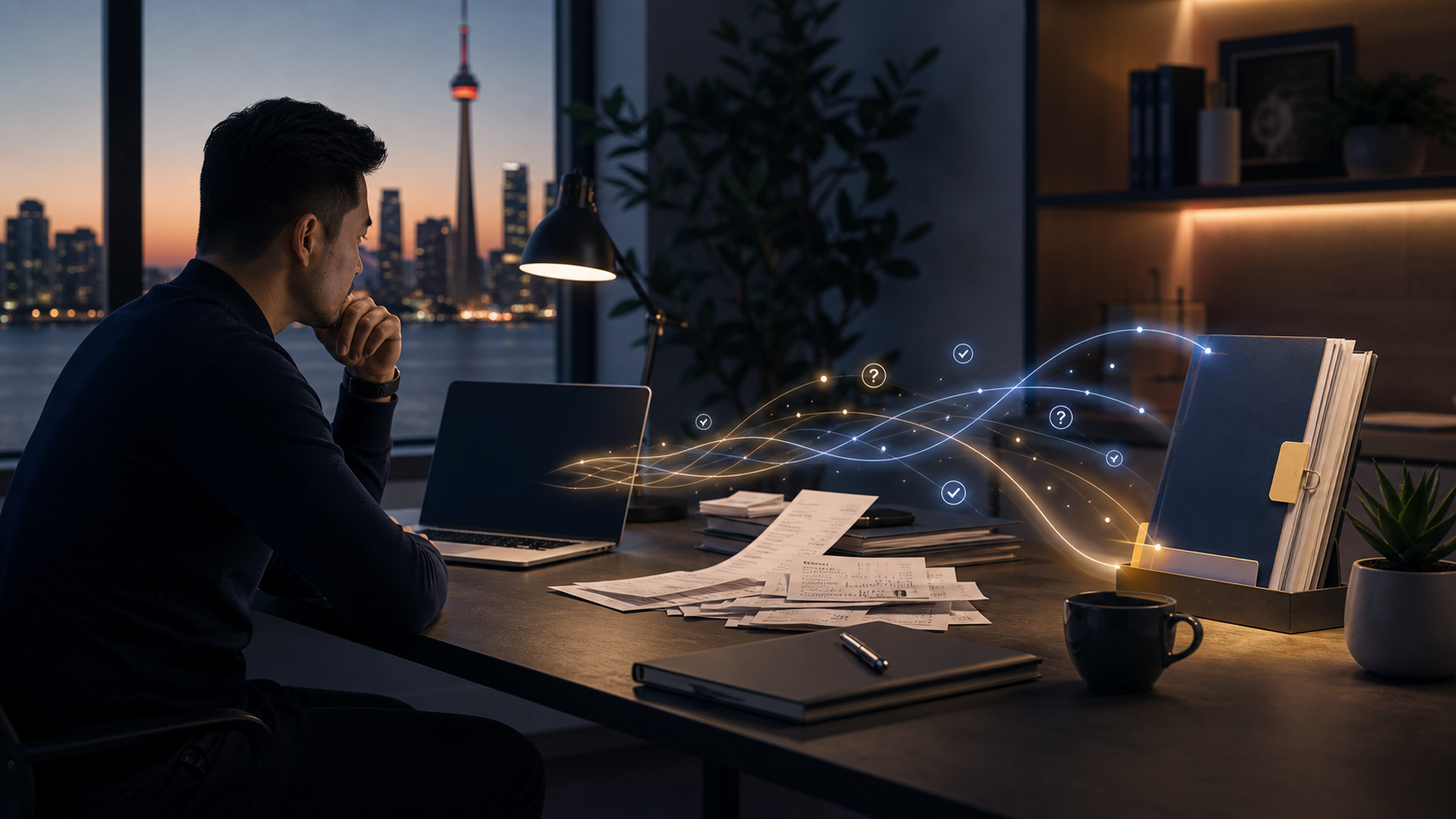 Founder workspace with company records flowing through AI review signals into a review-ready T2 package.