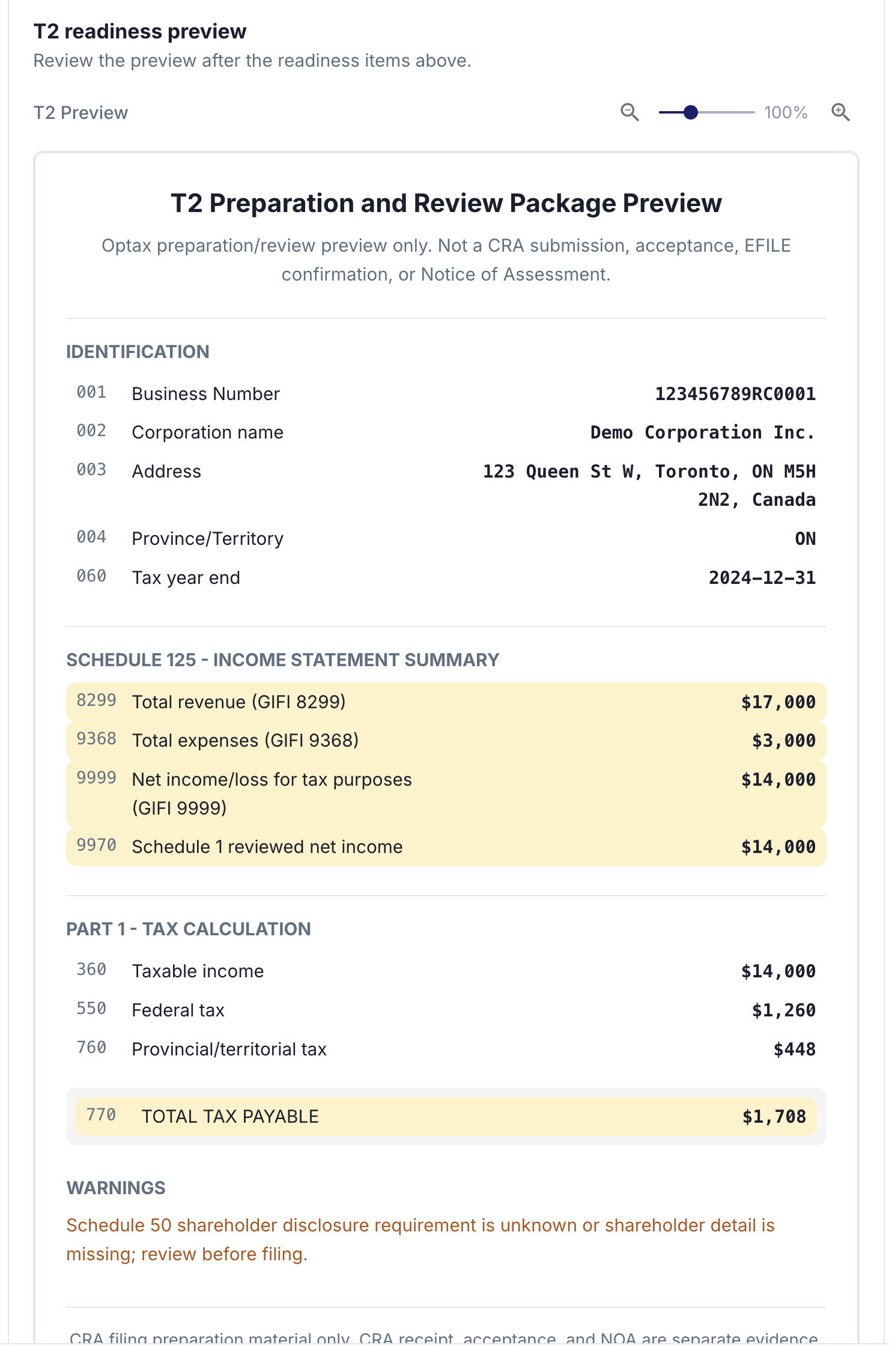 OPTAX T2 package preview showing GIFI lines, tax calculation, and review warnings.
